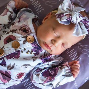 Caden Lane Dusty Purple Floral Newborn Baby Knot Gown & Hat & Headband Set